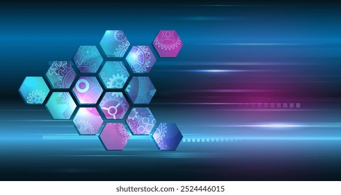 Hexágonos Abstractas de la ciencia sobre el fondo azul. Tecnología digital de alta tecnología y concepto de ingeniería. Amplia Plantilla de ciencia ficción con polígonos para presentación o Anuncio. 