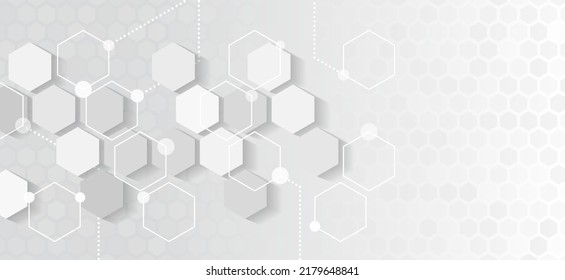 Abstract hexagons science on the grey background. Hi-tech digital technology and engineering concept. Wide Sci fi template with polygons.