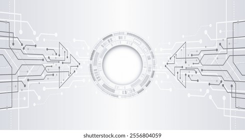 Abstract hi tech communication for presentation or banner. Sci-fi gray background with various technology elements. Science concept, horizontal arrows and stripes. 