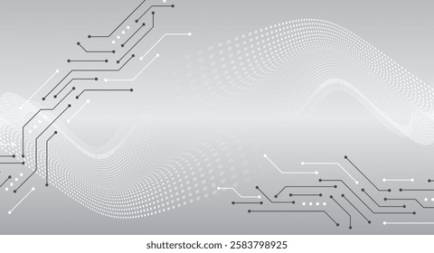 Abstract hi tech communication for presentation or banner. Sci-fi gray background with various technology elements. Science concept, light lines and circuit board.