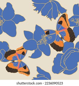 Resumen de hibiscos y mariposas patrón tropical. El diseño floral y contemporáneo se repite. Diseño extensible vintage. Ilustración del vector