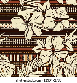 Abstract hibiscus flower tribal fabric wallpaper vintage vector seamless pattern grunge floral background