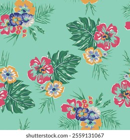 Abstract hibiscus flowers, green background, tropical, summer, leaves, floral illustration, pink, yellow hibiscus, seamless pattern, repeat, print textile, packaging, fabric vector artwork