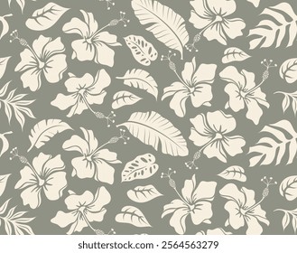 Abstract hibiscus flowers and leaves Seamless pattern. aloha Hawaiian shirt background.