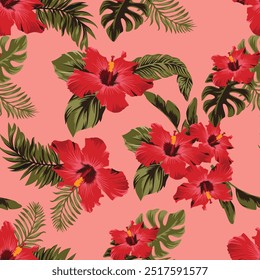 Abstract hibiscus flowers tropical summer leaves floral illustration coral pink background seamless pattern repeat print textile fabric vector artwork