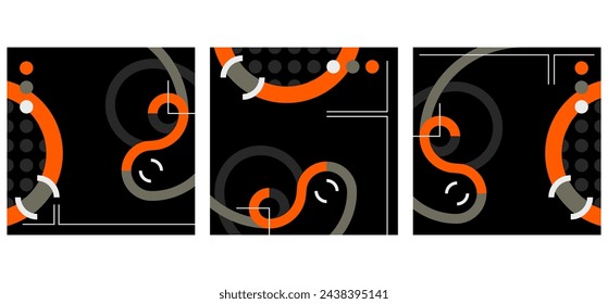 Abstract high contrast geometrics backgrounds set in square shapes - black backdrop with grey and orange rounded elements