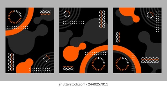 Abstract high contrast geometrics backgrounds set in rectangle shapes - black backdrop with grey and orange geometric elements