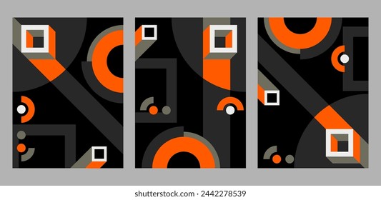 Abstract high contrast geometrics backgrounds set in rectangle shapes - black backdrop with grey and orange geometric cubism elements