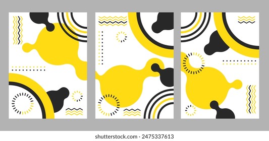 Abstract high contrast geometrics backgrounds set in rectangle shapes - white backdrop with black and yellow geometric elements