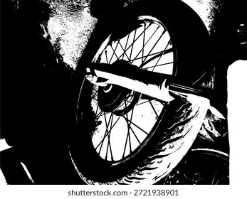 Ilustração do vetor de alto contraste abstrato de uma roda de motocicleta e pneu. Textura grunge preto e branco, perfeito para design automotivo, cultura de motociclista e sobreposições gráficas artísticas.