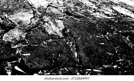 Vetor de alto contraste abstrato de uma passarela de pedra natural. Textura grunge em preto e branco, ideal para design rústico de paisagem, conceitos de caminho de jardim e sobreposições gráficas artísticas.
