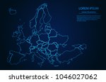 Abstract High Detailed Glow Blue Map on Dark Background of Map of Europe symbol for your web site design map logo, app, ui,Travel. Vector illustration eps 10.