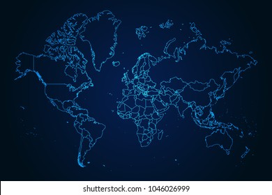 Abstract High Detailed Glow Blue Map on Dark Background of Map of World symbol for your web site design map logo, app, ui,Travel. Vector illustration eps 10.