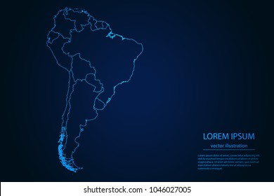 Abstract High Detailed Glow Blue Map on Dark Background of Map of South America symbol for your web site design map logo, app, ui,Travel. Vector illustration eps 10.