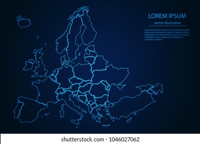 Abstract High Detailed Glow Blue Map On Dark Background Of Map Of Europe Symbol For Your Web Site Design Map Logo, App, Ui,Travel. Vector Illustration Eps 10.