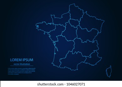 Abstract High Detailed Glow Blue Map on Dark Background of Map of France symbol for your web site design map logo, app, ui,Travel. Vector illustration eps 10.