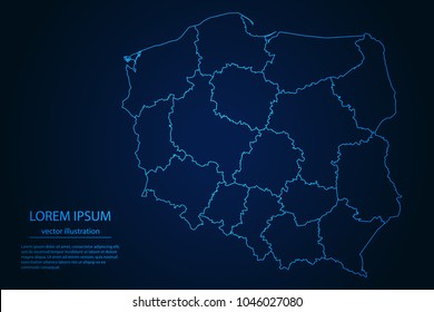 Abstract High Detailed Glow Blue Map on Dark Background of Map of Poland symbol for your web site design map logo, app, ui,Travel. Vector illustration eps 10.