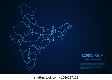 Abstract High Detailed Glow Blue Map on Dark Background of Map of India symbol for your web site design map logo, app, ui,Travel. Vector illustration eps 10.