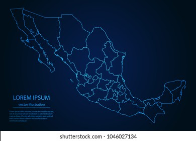 Abstract High Detailed Glow Blue Map on Dark Background of Map of Mexico symbol for your web site design map logo, app, ui,Travel. Vector illustration eps 10.