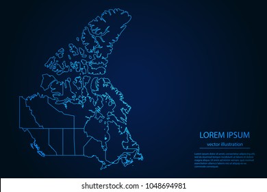 Abstract High Detailed Glow Blue Map on Dark Background of Map of Canada symbol for your web site design map logo, app, ui,Travel. Vector illustration eps 10.