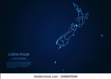 Abstract High Detailed Glow Blue Map on Dark Background of Map of New Zealand symbol for your web site design map logo, app, ui,Travel. Vector illustration eps 10.