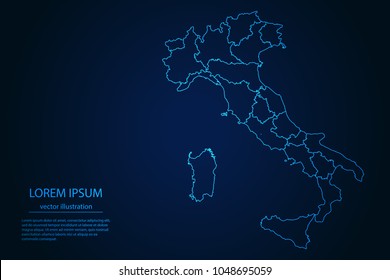 Abstract High Detailed Glow Blue Map on Dark Background of Map of Italy symbol for your web site design map logo, app, ui,Travel. Vector illustration eps 10.