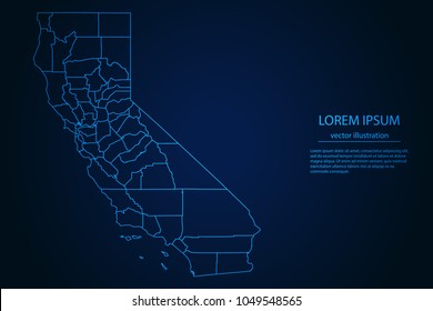 Abstract High Detailed Glow Blue Map On Dark Background Of Map Of California Symbol For Your Web Site Design Map Logo, App, Ui,Travel. Vector Illustration Eps 10.