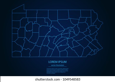 Abstract High Detailed Glow Blue Map on Dark Background of Map of Pennsylvania symbol for your web site design map logo, app, ui,Travel. Vector illustration eps 10.