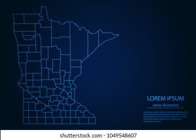 Abstract High Detailed Glow Blue Map on Dark Background of Map of Minnesota symbol for your web site design map logo, app, ui,Travel. Vector illustration eps 10.