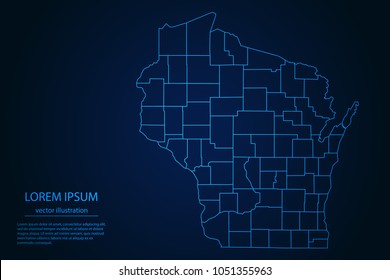 Abstract High Detailed Glow Blue Map on Dark Background of Map of Wisconsin symbol for your web site design map logo, app, ui,Travel. Vector illustration eps 10.