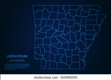 Abstract High Detailed Glow Blue Map on Dark Background of Map of Arkansas symbol for your web site design map logo, app, ui,Travel. Vector illustration eps 10.