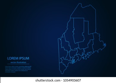 Abstract High Detailed Glow Blue Map on Dark Background of Map of Maine symbol for your web site design map logo, app, ui,Travel. Vector illustration eps 10.
