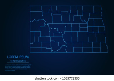 Abstract High Detailed Glow Blue Map on Dark Background of Map of North Dakota symbol for your web site design map logo, app, ui,Travel. Vector illustration eps 10.