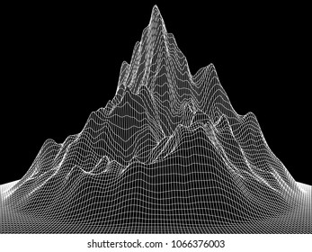 Abstract high peak on  background. 3D terrain grid.