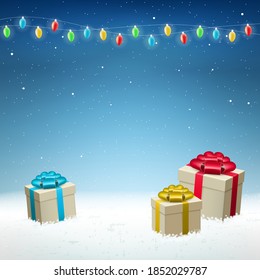 Abstract High Quality Merry Christmas and New Year Background with Falling Snow and Gifts . Isolated Vector Elements