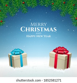 Abstract High Quality Merry Christmas and Happy New Year Background with Falling Snow and Gifts . Isolated Vector Elements
