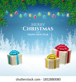 Abstract High Quality Merry Christmas and Happy New Year Background with Falling Snow and Gifts . Isolated Vector Elements