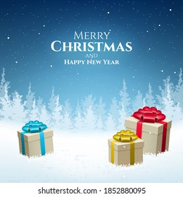Abstract High Quality Merry Christmas and Happy New Year Background with Falling Snow and Gifts . Isolated Vector Elements