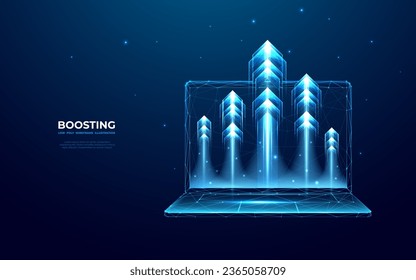 Abstract high speed growth up arrows on a laptop screen. Fast internet concept. Boost metaphor on technology dark blue background. Digital vector illustration in futuristic low poly wireframe style.