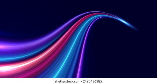 Abstract high speed movement background. Speed line neon glowing curves. Dynamic motion light trails. Futuristic digital technology movement concept. Pattern for banner. Vector eps10.