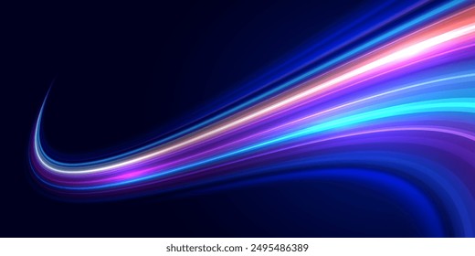 Abstract high speed movement background. Speed line neon glowing curves. Dynamic motion light trails. Futuristic digital technology movement concept. Pattern for banner. Vector eps10.