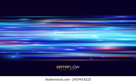 Resumen del movimiento de alta velocidad. Senderos de luz coloridos con efecto de movimiento. Efecto de transferencia de flujo de datos. Líneas de luz, velocidad y movimiento. Ilustración vectorial.