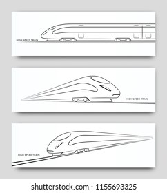 Abstract High Speed Train In Motion. Set Of Modern Train Silhouettes, Outlines, Contours Isolated On White Background. Side And Perspective View. Vector Illustration