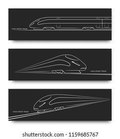 Abstract High Speed Train In Motion. Set Of Modern Train Silhouettes, Outlines, Contours Isolated On Black Background. Side And Perspective View. Vector Illustration