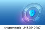 Abstract high tech background. Data security system, information, or network protection. Cyber security and data protection. Shield icon, future technology for verification.