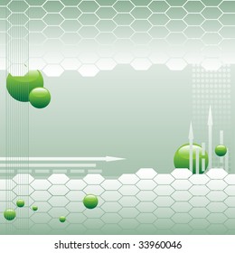 Abstract high tech background with honeycomb shapes, arrows and green bubbles
