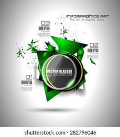 Abstract high tech background with triangula shape explosion effect and a circular glass panel to show your message or title. 