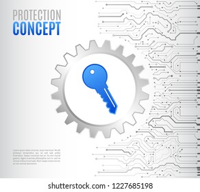 Abstract high tech circuit board with technology key. Security concept background. Cyber data security, information privacy. Global internet network protection.