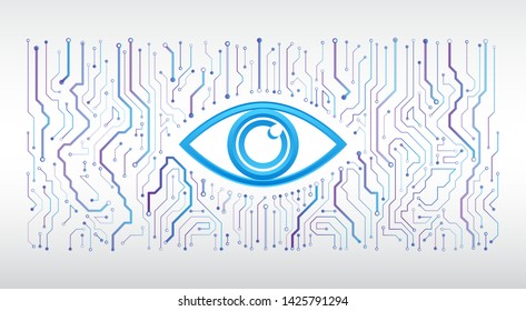 Abstract high tech circuit board. Eye cyber security concept. Network data protection background. Search and analysis of information.