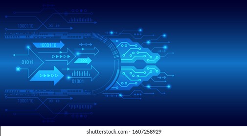 Abstract high tech circuit board in blue tones. Technology background with various technology elements.